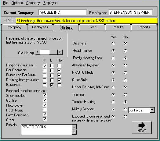 Medical history in WebAudi used to record patient/employee histories prior to hearing test screening.